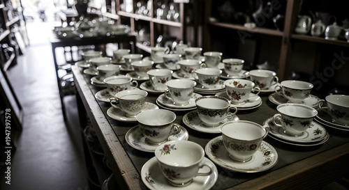 Vintage Teacups Arrangement: An array of antique teacups and saucers, meticulously arranged on a table, offering a glimpse into a bygone era of elegance and refined dining.