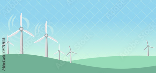 Wind turbines generating clean energy on rolling green hills under a clear blue sky