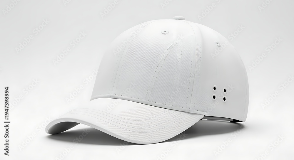 Fototapeta premium White baseball cap with curved brim and ventilation holes on side