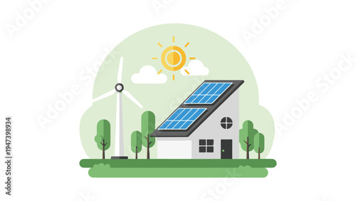 Eco-friendly house with solar panels and wind turbine