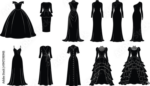 Elegant Women Evening Gown Silhouette Collection Set, Fashion Dress Vector Illustration Bundle with Luxury Party, Wedding, Formal, and Red Carpet Style Apparel Designs