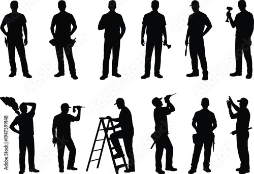 Construction worker silhouettes collection, handyman and builder with tools, ladder work, drilling and hammering, home repair service, renovation maintenance team vector illustration