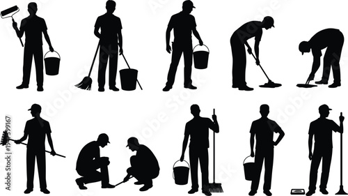 Cleaning worker silhouettes collection, janitor and housekeeping staff with mop broom bucket, floor sanitation service, maintenance cleaning crew vector illustration set