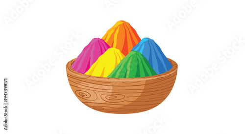 A rustic wooden bowl is filled with six distinct, brightly colored powder mounds, neatly arranged on a pristine white surface.