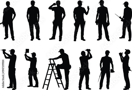 Construction worker silhouettes set, handyman and builder with tools, ladder work, drilling and hammering, home repair, renovation maintenance crew vector illustration
