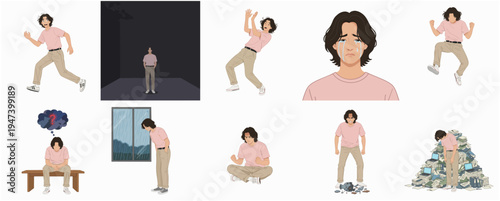 Minimalist Depressed Man Various Poses Illustration Character Design Element in Different Situation
