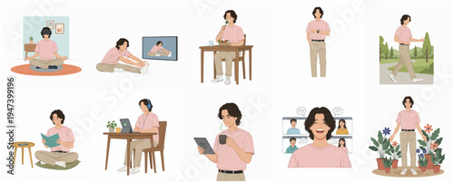 Simple Flat Illustration Set of Man Engaging in Various Daily Activities