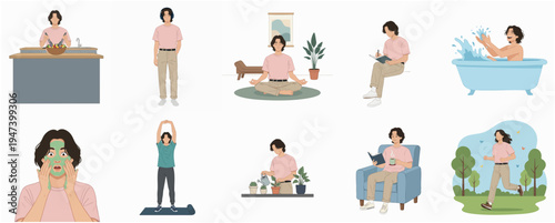 Flat Illustration Lifestyle Activity Routine with Man in Various Poses and Situations