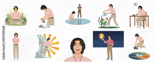 Diverse Flat Style Man Daily Activity Routine Illustration Set