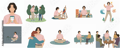Flat Illustration Diverse Man Lifestyle Activity and Social Interaction Concept