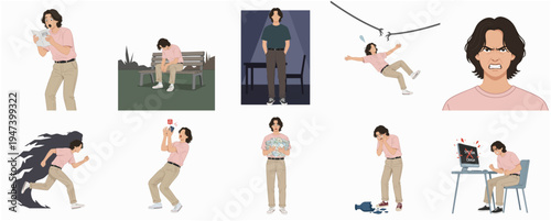 Flat Character Illustration of Person in Different Emotions and Action Poses