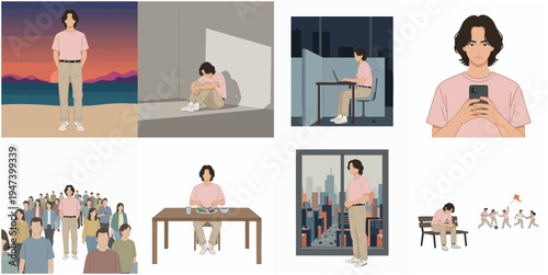 Minimalist Flat Illustration of Man in Various Daily Life Activities Scene