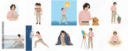 Minimalist Flat Vector Illustration Set of a Person in Daily Activities