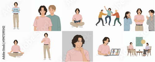 Flat Style Diverse People Character Illustration Set with Different Activities and Expressions