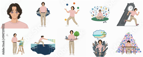 Whimsical Handdrawn Man in Various Life Scenarios Illustration Pack with Dreamlike Quality
