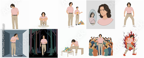 Modern Flat Illustration Depicting Man in Various Emotional States and Scenarios