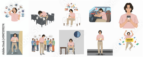 Flat Style Illustration of a Man Experiencing Various Social Media Interactions and Emotions