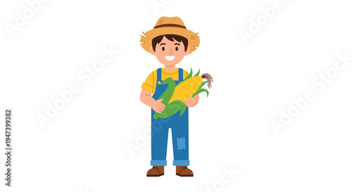 A cheerful cartoon farmer, wearing a straw hat and blue overalls, stands proudly holding two large yellow corn cobs.