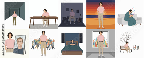 Flat Style Set Of Person Experiencing Loneliness in Various Scenarios Illustration