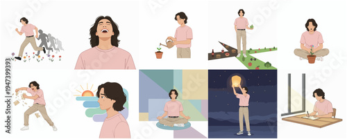 Flat Illustration of Mindful Man in Different Activities and Time Scenarios