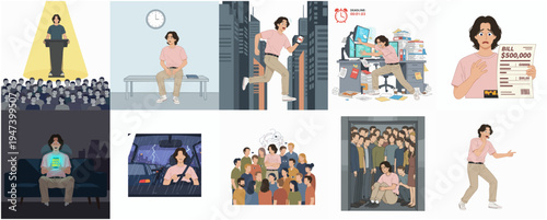 Flat Illustration Set of Man in Various Life Stress Scenarios