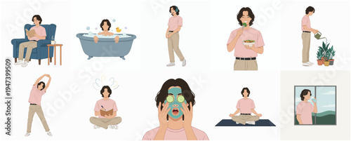 Minimalist Flat Illustration of Man Doing Daily Activities and Self-Care Routine