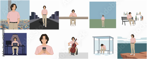 Minimalist Flat Illustration of a Man in Various Life Situations Set