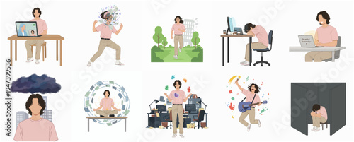 Flat Illustration Various Emotional States of a Person in Different Situations
