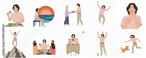 Minimalist Flat Style People Doing Various Activities and Emotions Illustration Set