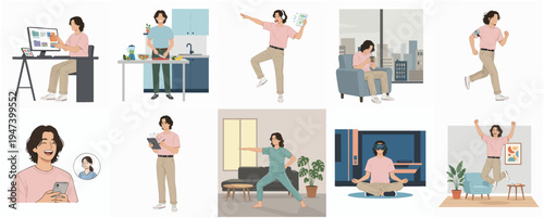 Flat Design Young Man Lifestyle Activity Illustration Set Collection