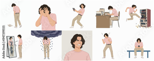 Minimalist Emotional Young Man Various Situation Illustration Set Graphic Asset