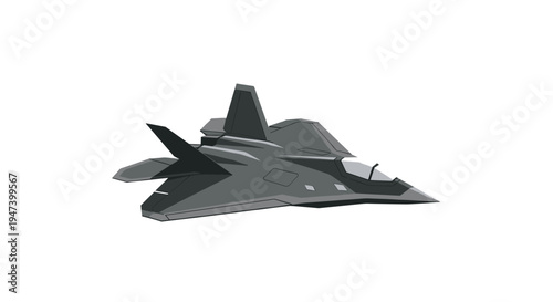 A modern stealth fighter jet with angular grey surfaces and sharp wings is depicted flying against a clean white background.