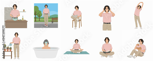 Flat Simple Young Adult Doing Various Daily Activities Illustration Set