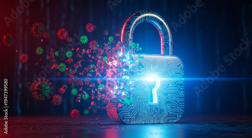 Digital security and cyber threat concept a lock dissolving into virus particles, representing cybersecurity challenges and data protection