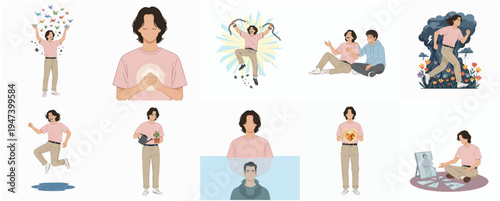 Flat Illustration Various Poses of Man with Medium Length Hair Character Design