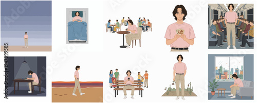 Minimalist Lifestyle and Daily Routine Man in Different Places Illustration