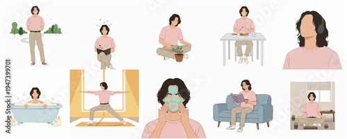 Minimalist Simple Character Daily Life Activity Illustration Set on White Background