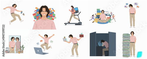 Flat Style Collection of Diverse Working From Home Man Illustration
