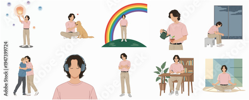 Flat Style Illustration of Daily Life Activities, A Man Doing Various Activities