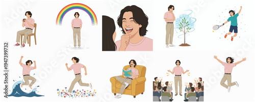 Flat Illustration Diverse Man in Various Activity Poses Cartoon Characters