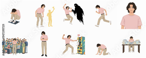Minimalist Flat Illustration Set Depicting Young Man in Various Emotional States
