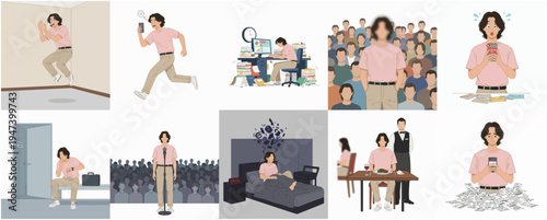 Flat Style Collection of Man's Different Life Situations in Various Locations