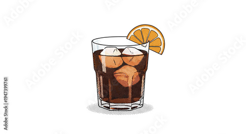 A stylized pop art illustration of a glass of cola with ice and an orange slice on the rim, featuring halftone dot patterns on a white background.