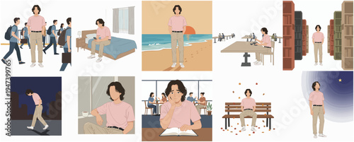 Flat Character Illustration Set Showing a Man in Different Scenarios and Locations