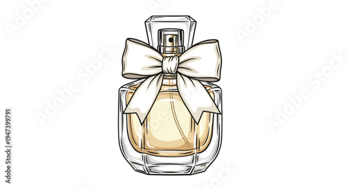 An elegant clear glass perfume bottle filled with golden liquid is adorned with a white bow and transparent cap.