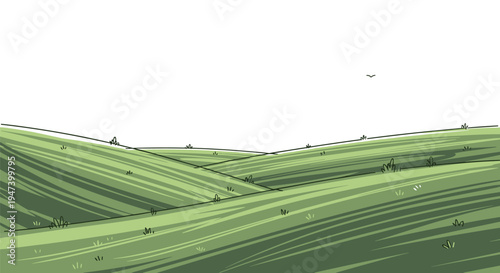 A serene minimalist illustration depicts gently rolling green hills with subtle textures under a vast white sky.