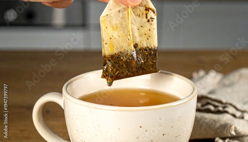 A hand gently lifting a damp, loose-leaf tea bag from an off-white speckled ceramic mug of brewed tea, a single drop falling, on a rustic wooden table