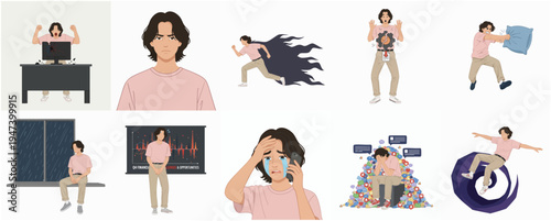 Flat Style Illustration Depicting Various Emotions and Activities of a Young Man