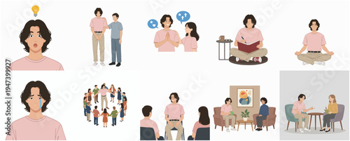 Flat Illustration Mental Health Support and Self Care Activities Set