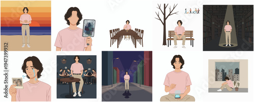 Flat Design Illustration Series of a Man in Various Life Scenarios
